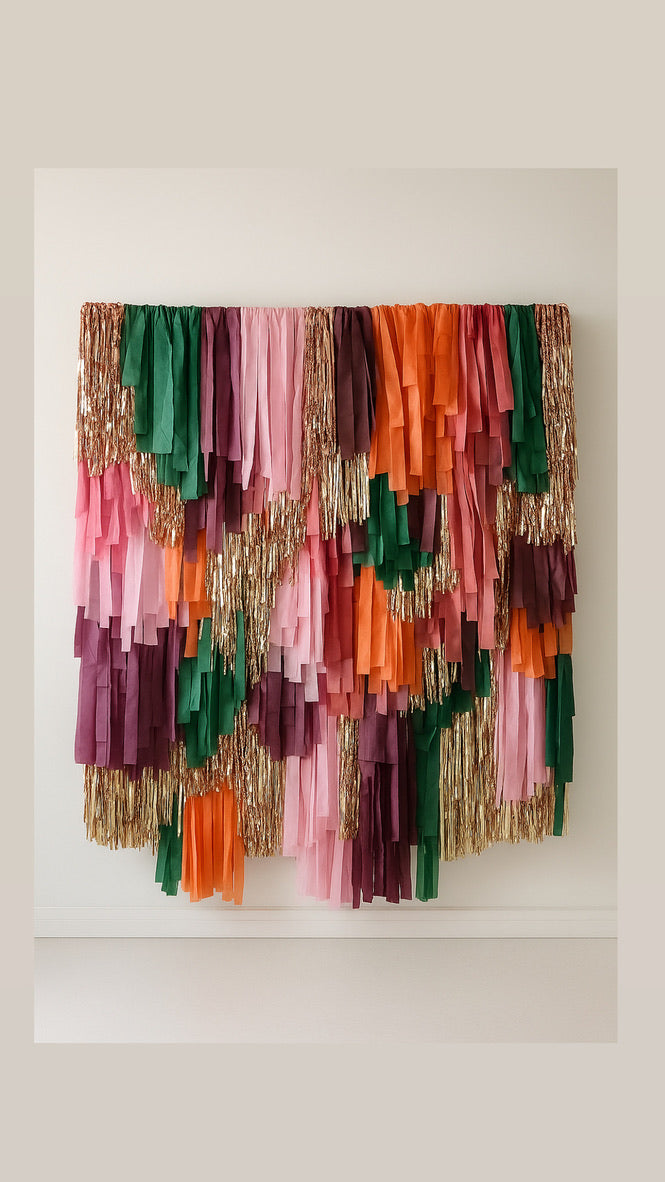 Pink Orange Burgundy Teal Gold Shimmer Fringe Backdrop Wall