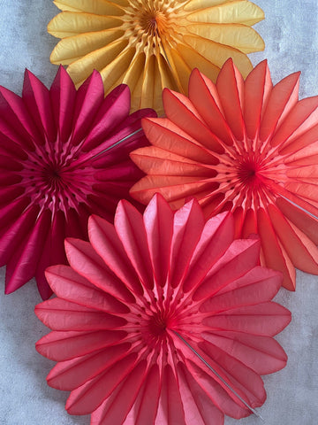 physical Paper fans - fall colours - party decoration set of 4 - orange yellow coral and deep red - 26
