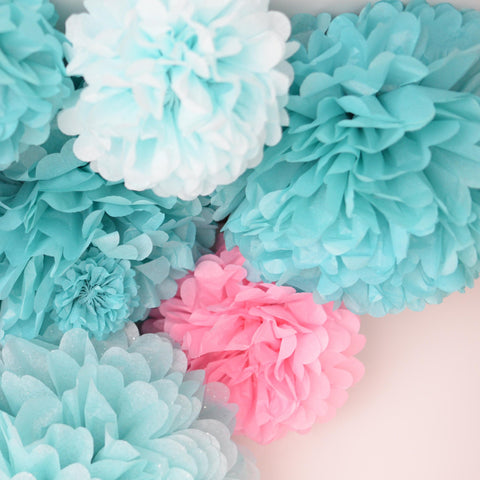 physical Aqua blue and pink paper pom poms party decorations 12 psc paper flowers Wedding,  gender reveal party, Birthday party, baby shower decor Round Decopompoms