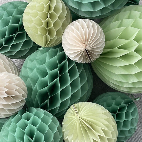 physical Sage Green, Celery, Light Green, and Almond Milk paper Honeycomb Balls Set - Paper Decorations Decopompoms