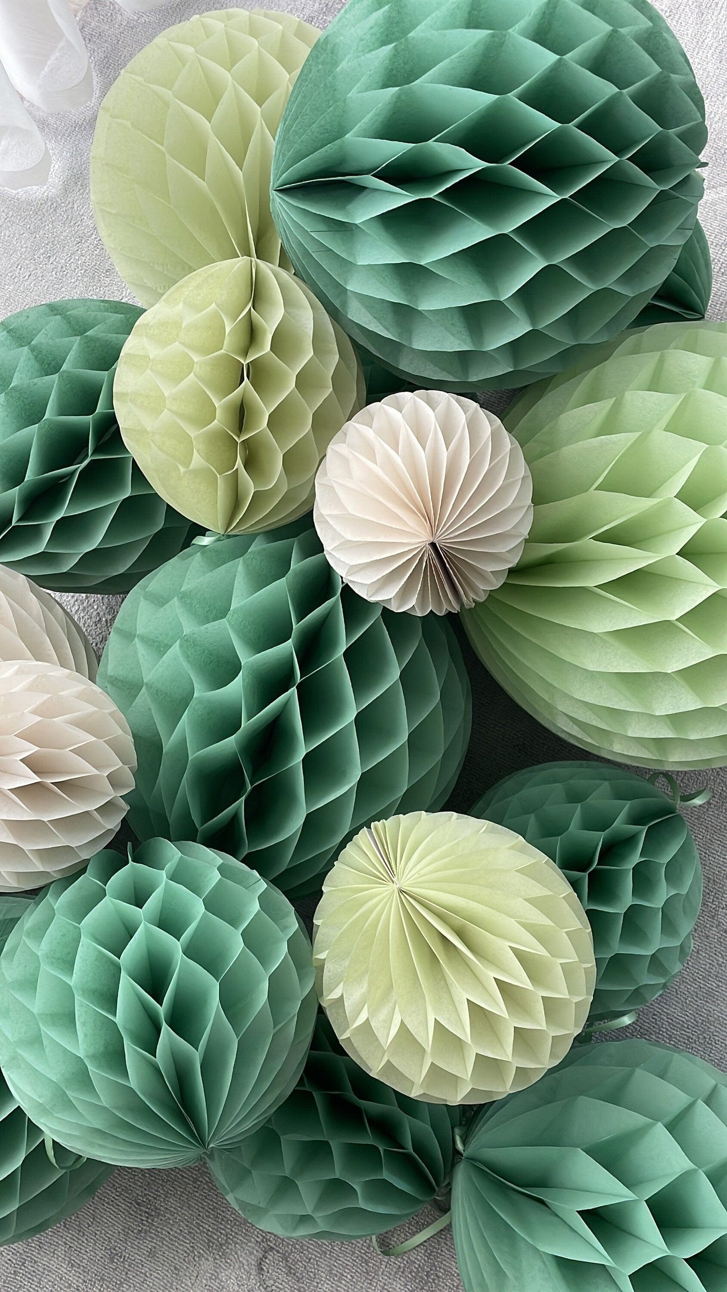 Sage Green, Celery, Light Green, and Almond Milk paper Honeycomb Balls Set - Paper Decorations