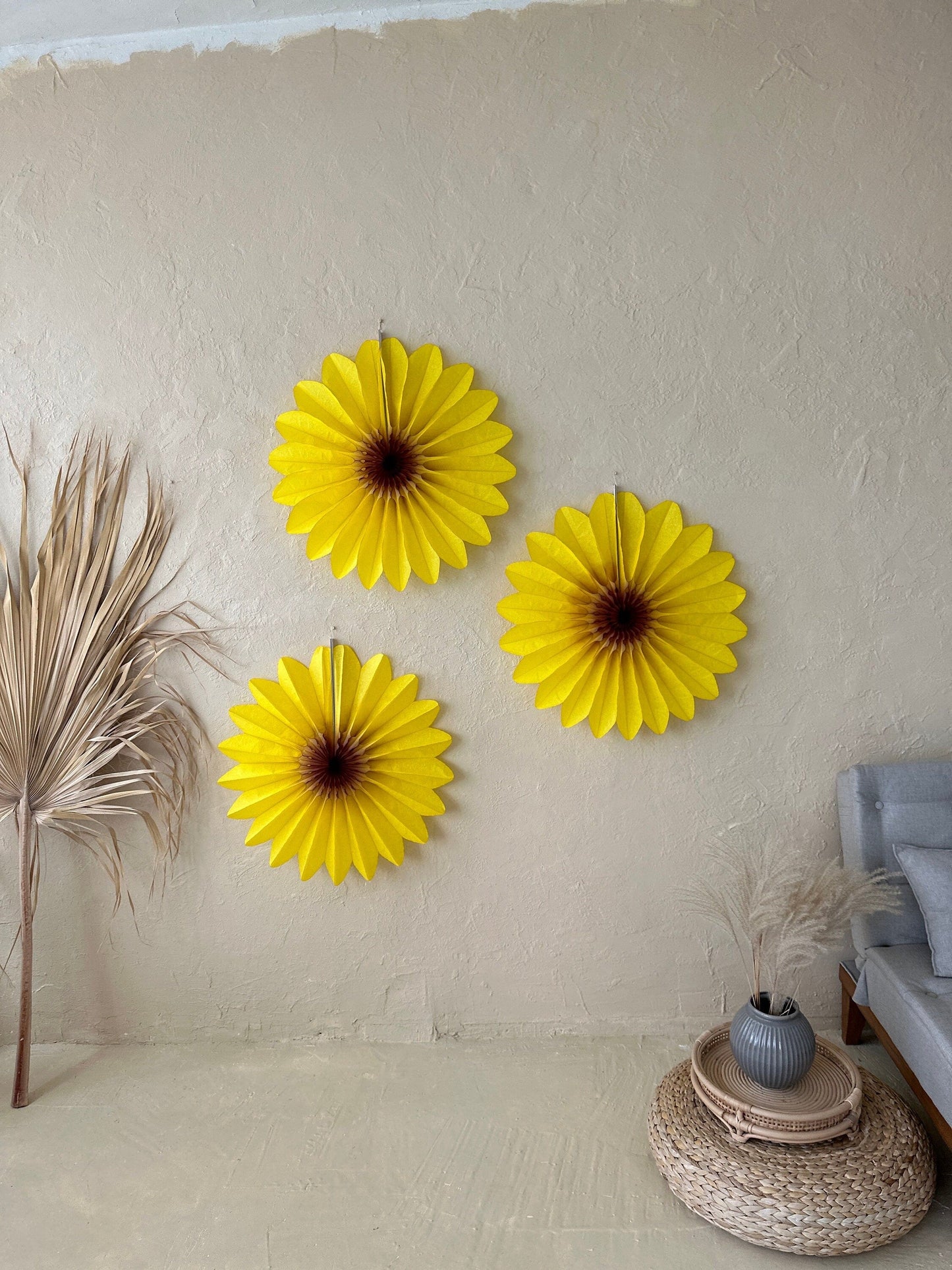Set of 3 Beautiful Yellow Paper sunflower Flowers - Huge Paper Fan Party Decorations - Paper Flower Decor for Weddings and birthday decor
