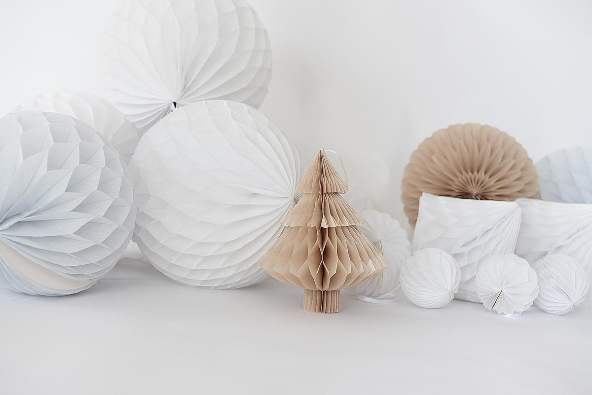 White and champagne paper honeycomb party decoration set Paper Christmas tree Winter bauble wedding birthday party decor gift eco friendly