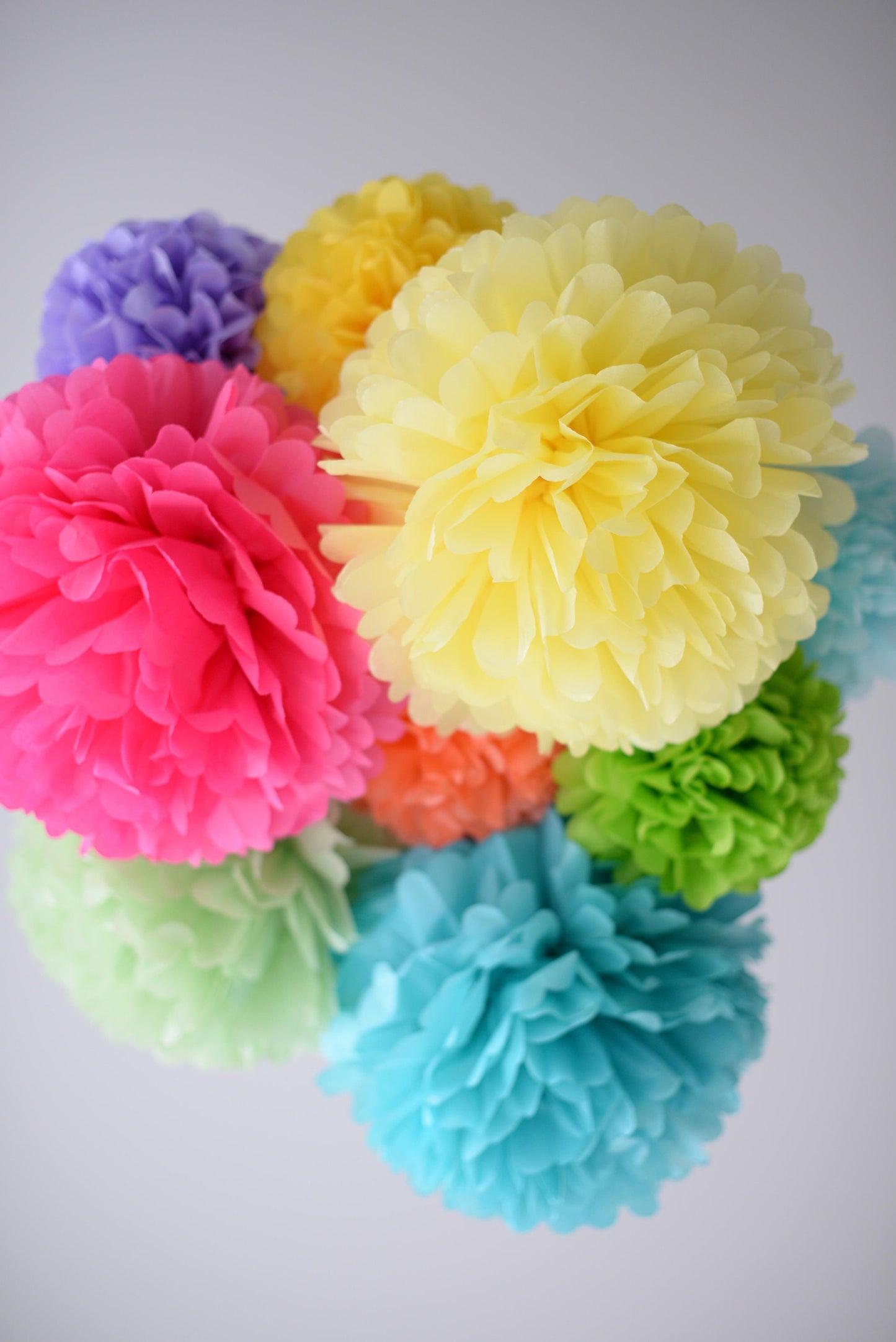 6 mixed size paper pom pom party decoration set customisable colours paper flowers for birthday party, wedding, baby shower eco friendly