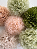 Pastel Tea Party Pom Pom Set - Blush, Champagne, Moss Green Paper Flowers - 10 pcs - Rustic Boho Wedding Decor bridal shower gift