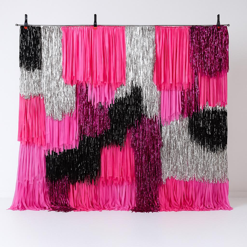 Hot Pink Fringe Backdrop: Black & Silver Streamer Wall Decoration, Baby Shower, Wedding