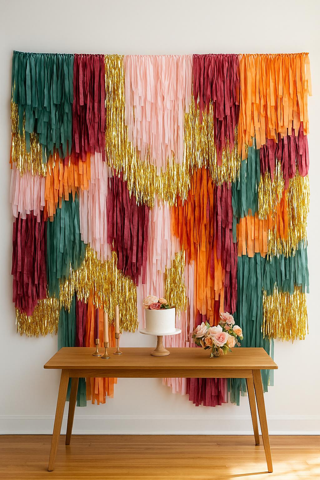 Handmade Fringe Streamer Backdrop, Burgundy, Gold, Boho Party Decor, Wedding