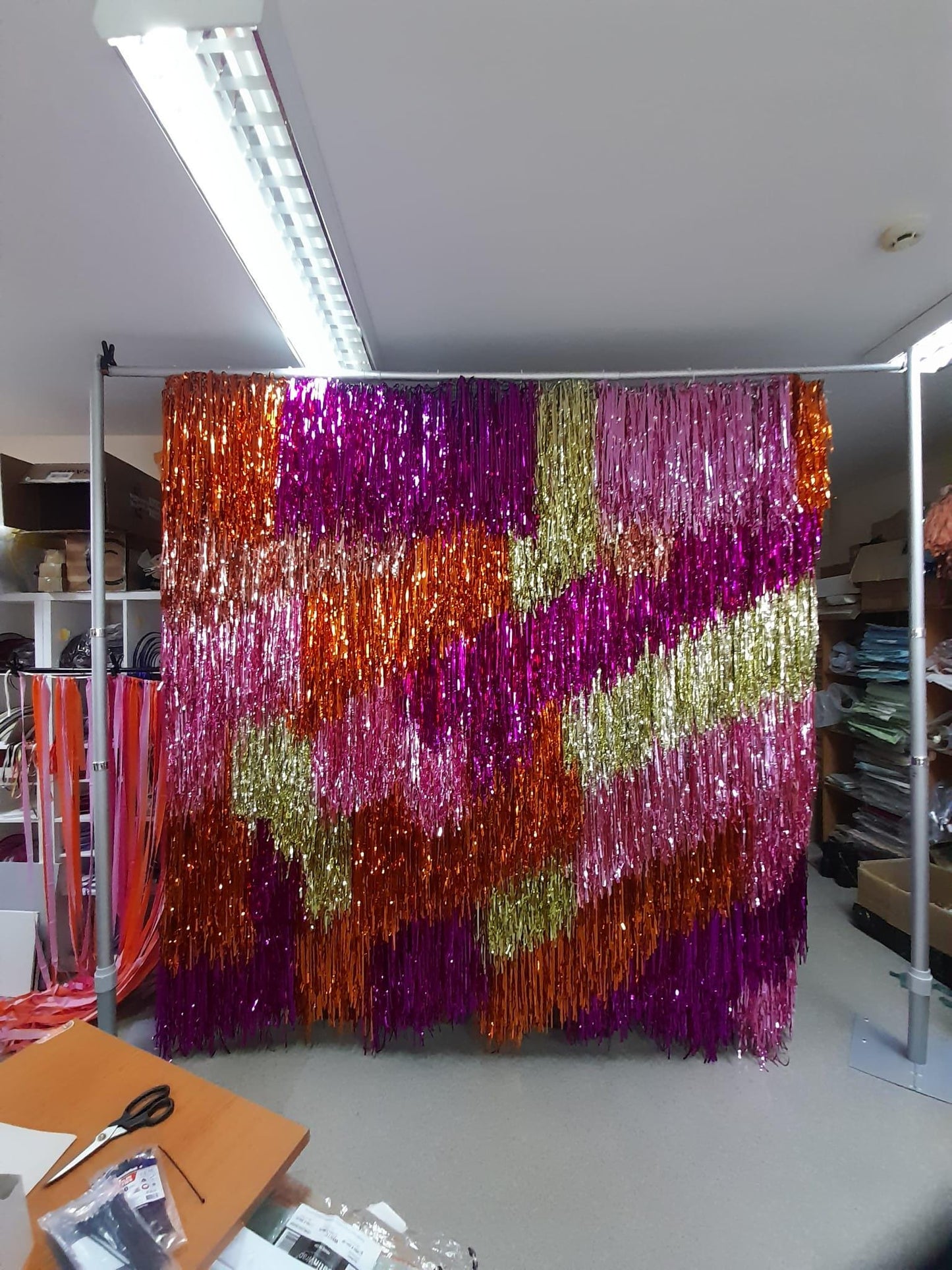 Handmade Hot Pink Orange Gold Fringe Backdrop, Shimmer Tinsel Photo Booth Curtain, Party Decor