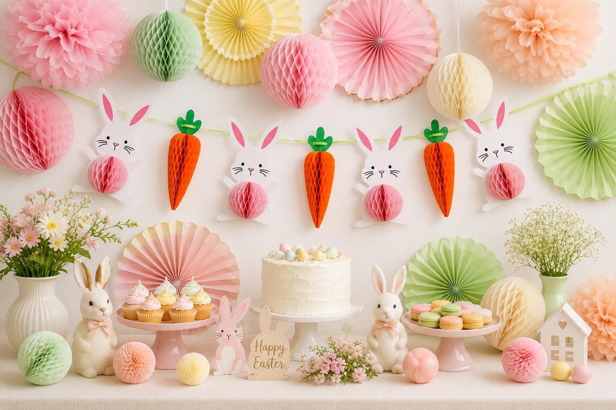Bunny Carrot Honeycomb Garland, Pastel Spring Easter Birthday Decor