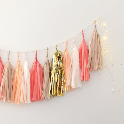Coral, nudes and gold tissue paper tassel garland - various lengths - Decopompoms