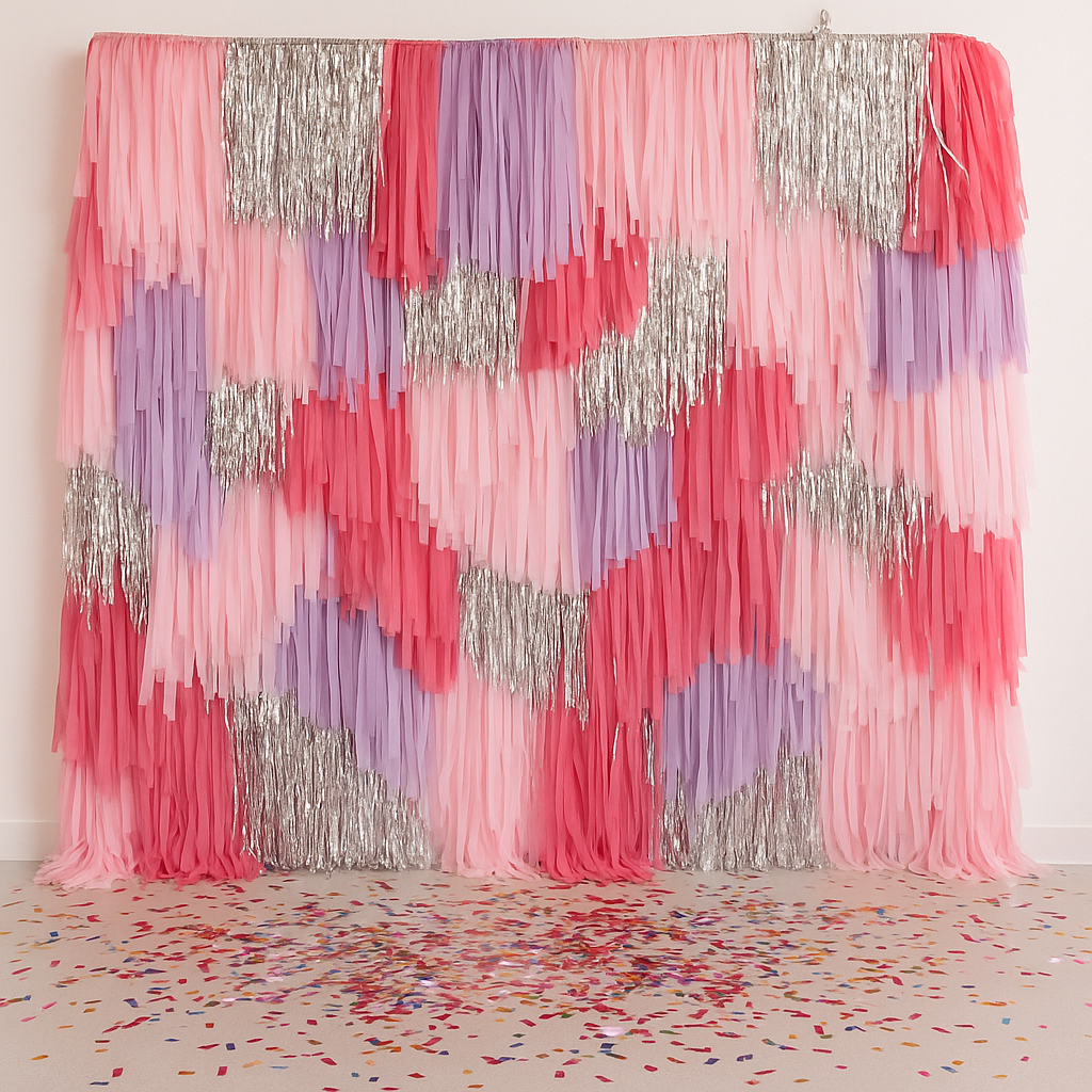 Pink, silver and lilac Fringe Backdrop, Photo Wall, Streamer Wall, party Decorations, Rainbow Colour Backdrop Party Disco Streamer Backdrop