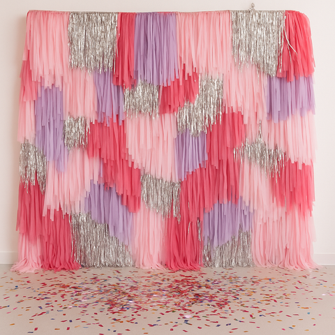 Pink, silver and lilac Fringe Backdrop, Photo Wall, Streamer Wall, party Decorations, Rainbow Colour Backdrop Party Disco Streamer Backdrop