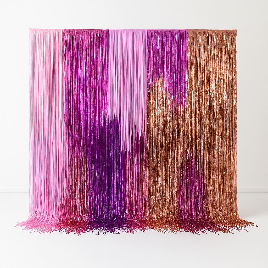 A handmade fringe backdrop featuring streams of hanging fringes in pink, purple, and rose gold colors, creating a decorative wall covering.