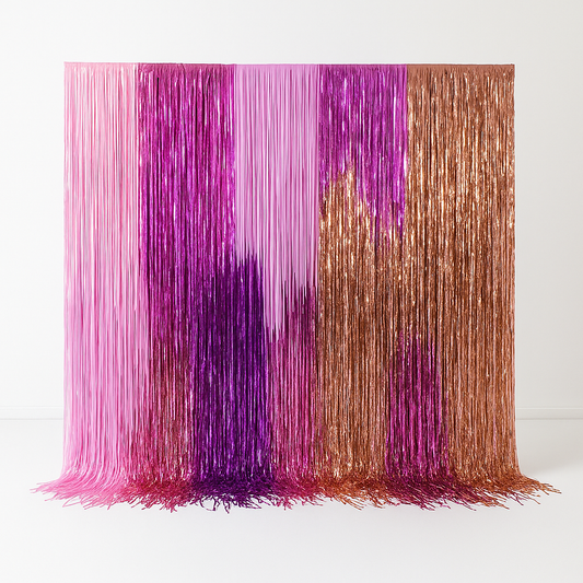 A handmade fringe backdrop featuring streams of hanging fringes in pink, purple, and rose gold colors, creating a decorative wall covering.