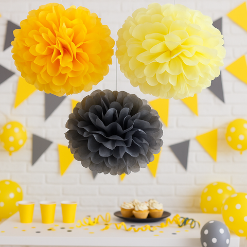 Yellow and grey 15 mixed sizes paper Pom Pom party decoration ser Tissue paper flowers wedding birthday anniversary bridal shower Christmas