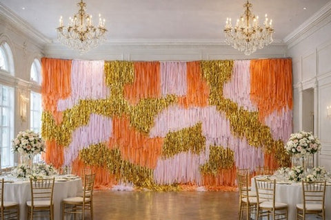 Pink Orange Gold Shimmer Fringe Backdrop Wall