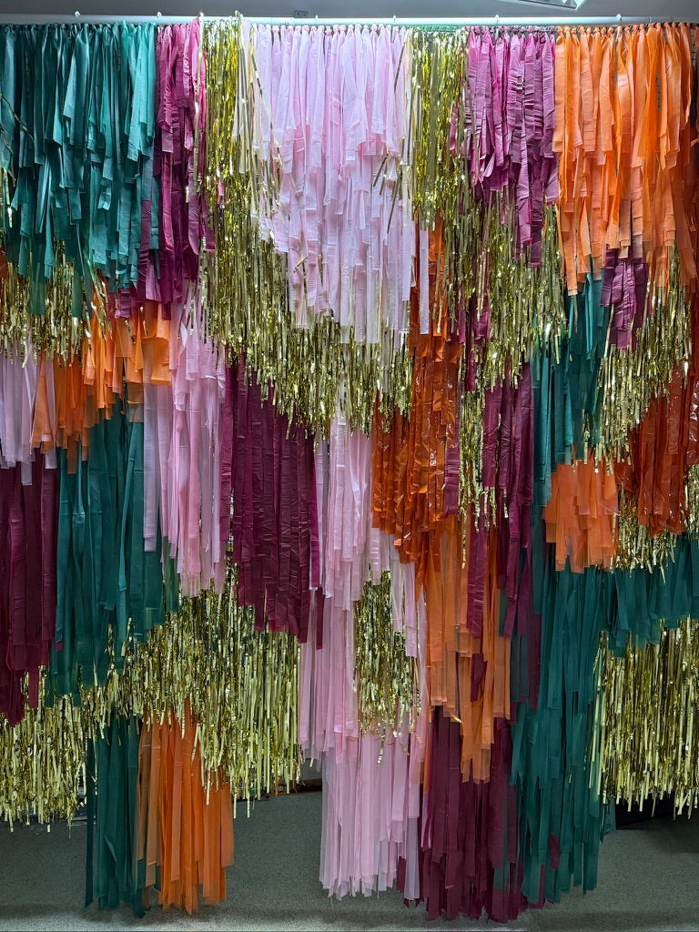 Pink Orange Burgundy Teal Gold Shimmer Fringe Backdrop Wall