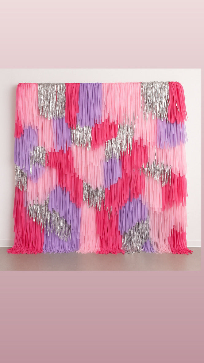 Pink, Silver & Lilac Fringe Backdrop, Streamer Photo Wall