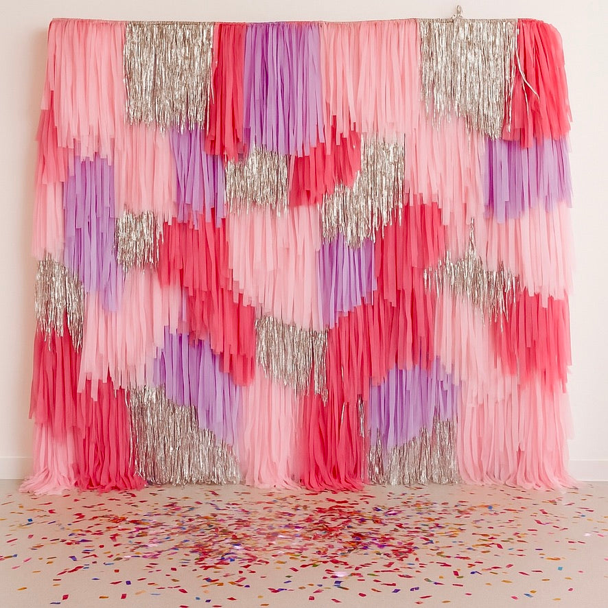 Pink, Silver & Lilac Fringe Backdrop, Streamer Photo Wall