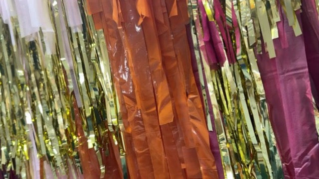 Pink Orange Burgundy Teal Gold Shimmer Fringe Backdrop Wall