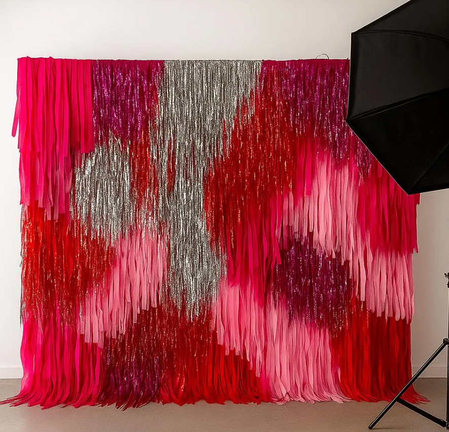 Pink Red Silver Fringe Backdrop Wall, Shimmer Party Backdrop, Photo Booth Backdrop, Streamer Wall Decor, Birthday Wedding Event Backdrop