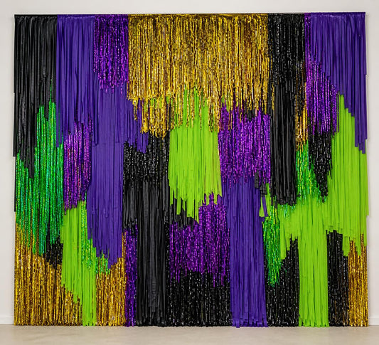 Handmade Halloween Fringe Photo Wall – Purple, Green, Gold & Black Backdrop