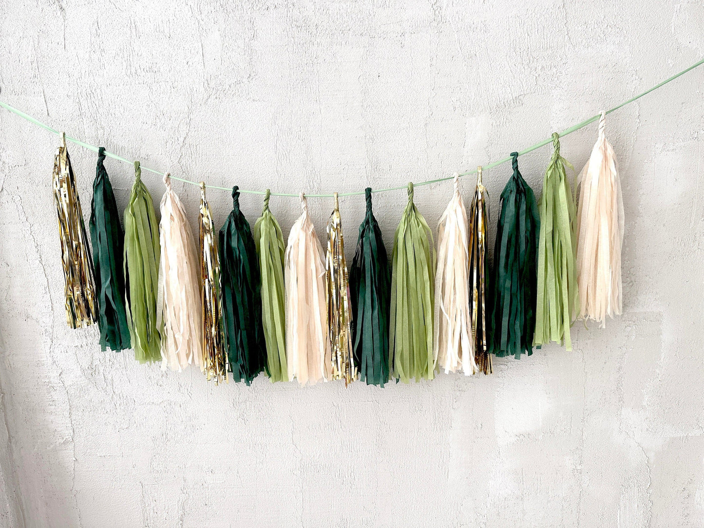 Green and gold Paper Tassel Garland finge bunting Birthday garland paper decorations Fringe garland baby shower bridal shower balloon tail 2ft/ 60cm/ 6 tassels / all one length