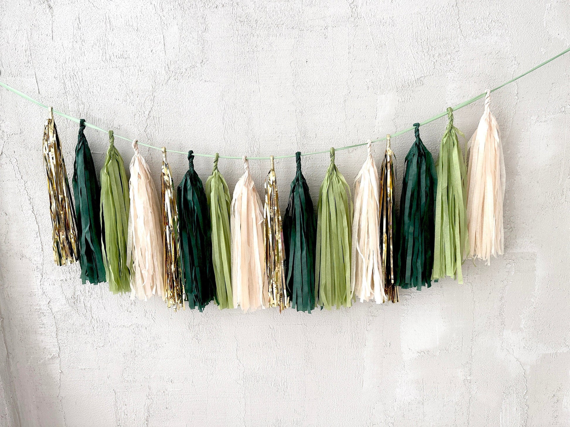 Green and gold Paper Tassel Garland finge bunting Birthday garland paper decorations Fringe garland baby shower bridal shower balloon tail 2ft/ 60cm/ 6 tassels / all one length