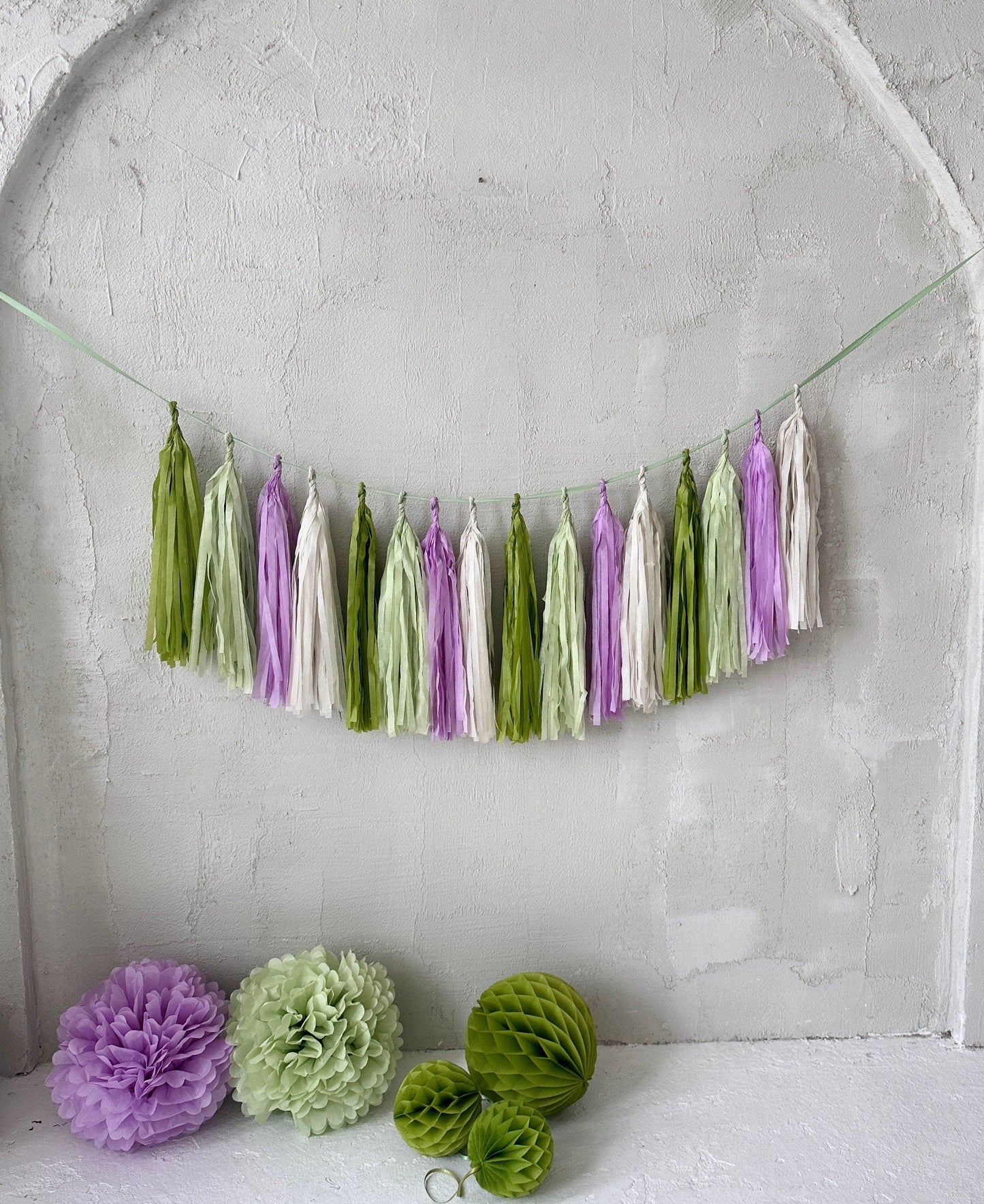 Green and lilac Paper Tassel Garland finge bunting Birthday garland paper decorations Fringe garland baby shower bridal shower balloon tail 2ft/ 60cm/ 6 tassels / all one length