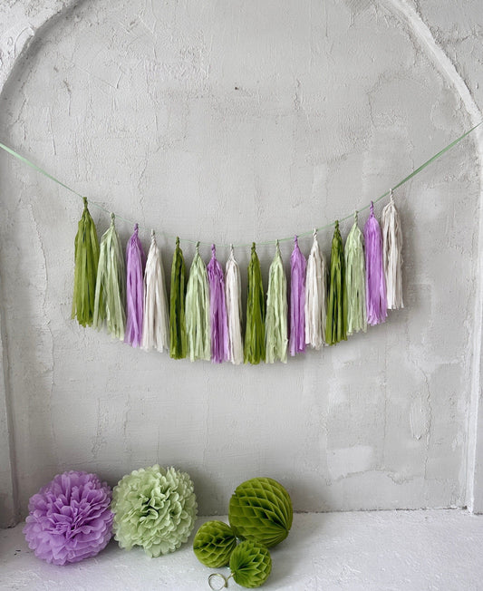 Green and lilac Paper Tassel Garland finge bunting Birthday garland paper decorations Fringe garland baby shower bridal shower balloon tail 2ft/ 60cm/ 6 tassels / all one length