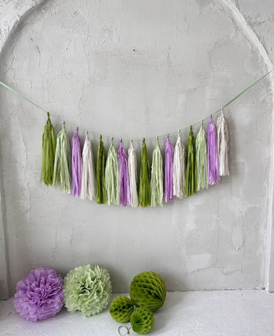 physical Green and lilac Paper Tassel Garland finge bunting Birthday garland paper decorations Fringe garland baby shower bridal shower balloon tail 2ft/ 60cm/ 6 tassels / all one length Decopompoms
