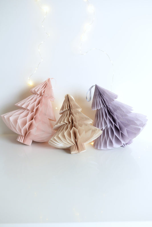 3 Paper Christmas trees - hanging Honeycomb Christmas trees with trunk | Vintage Christmas tree | Paper Xmas decorations | 3D Xmas Tree