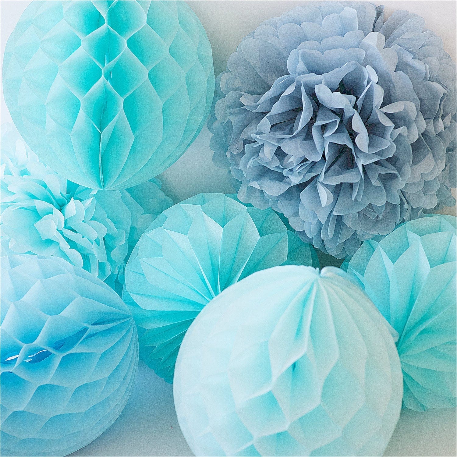 Baby blue paper pom pom set | Baby shower decor set | Paper flowers | Tissue paper balls