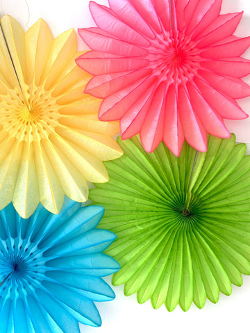 physical Bright Summer Paper Fans Colourful set- Set of 4 - 26'  / 67cm Diameter  Wall party Decorations Yellow Green Blue and Pink Whimsical Garden Decopompoms