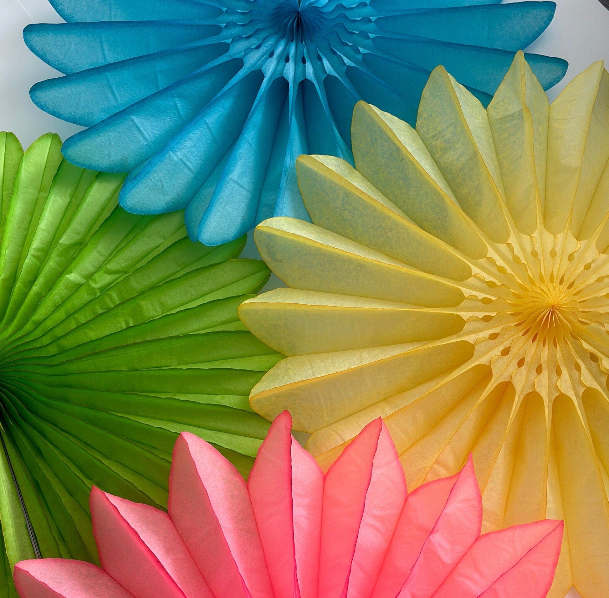 Bright Summer Paper Fans Colourful set- Set of 4 - 26' / 67cm Diameter Wall party Decorations Yellow Green Blue and Pink Whimsical Garden
