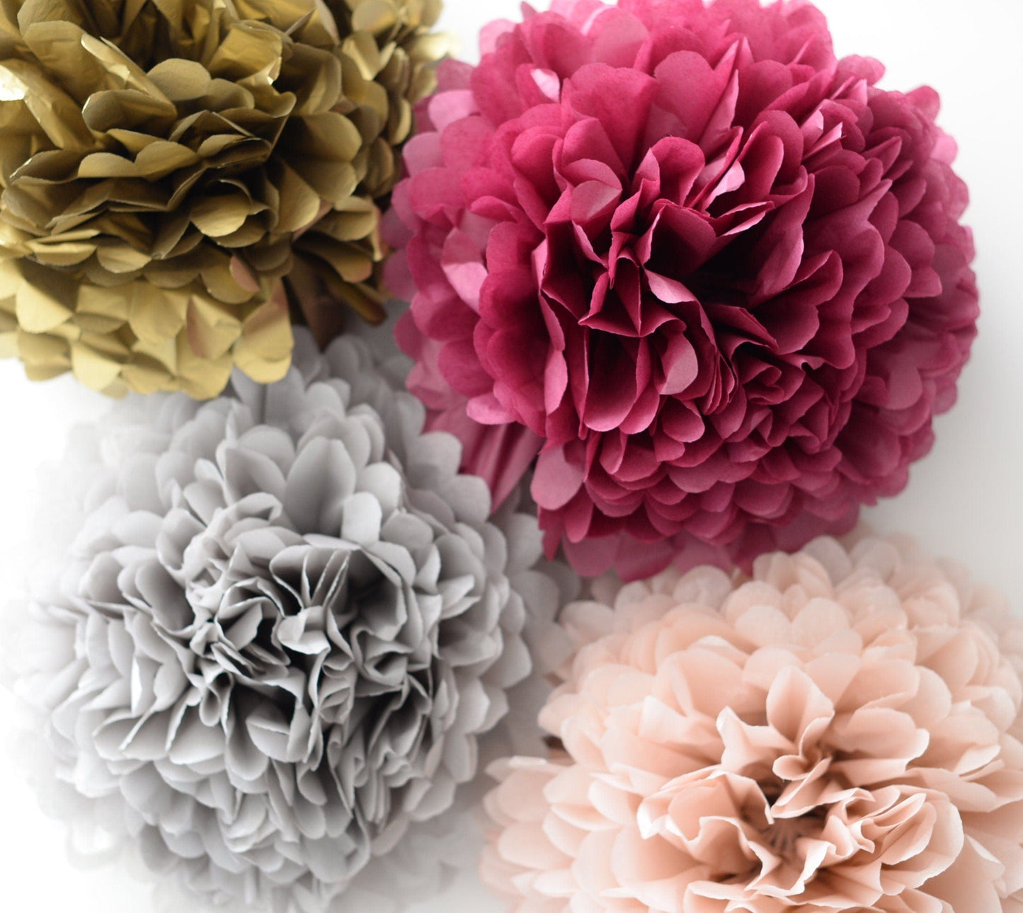 Burgundy, gold, grey and blush paper pom poms party decorations set 8 psc boho rustic paper flowers Hanging wedding, fall baby shower decor