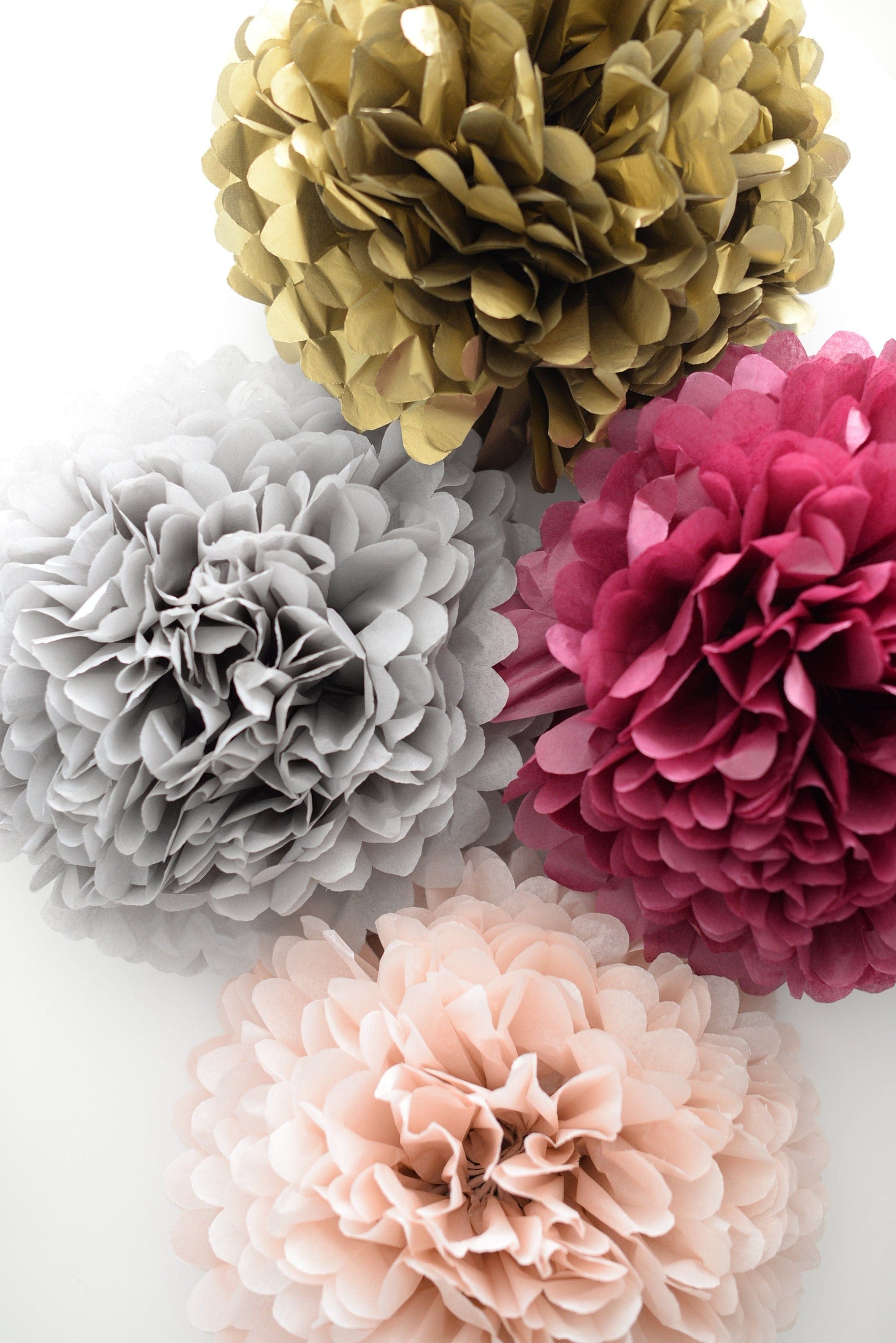 Burgundy, gold, grey and blush paper pom poms party decorations set 8 psc boho rustic paper flowers Hanging wedding, fall baby shower decor