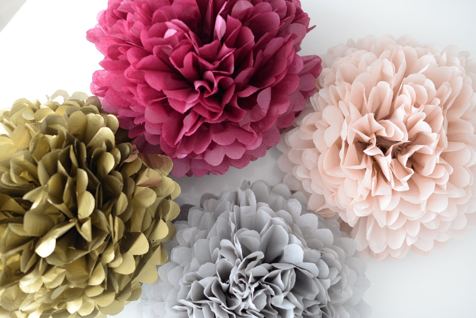 Burgundy, gold, grey and blush paper pom poms party decorations set 8 psc boho rustic paper flowers Hanging wedding, fall baby shower decor