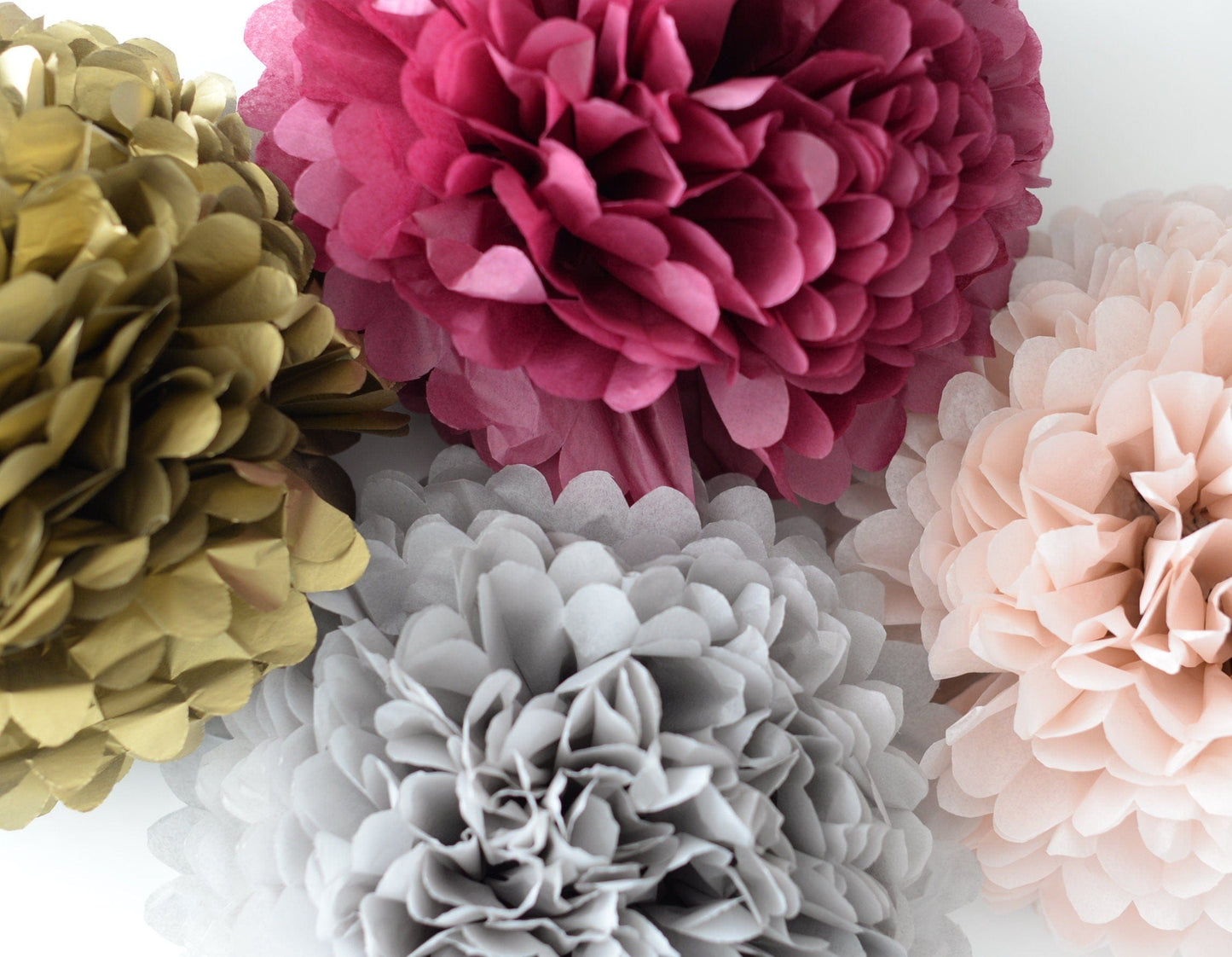 Burgundy, gold, grey and blush paper pom poms party decorations set 8 psc boho rustic paper flowers Hanging wedding, fall baby shower decor