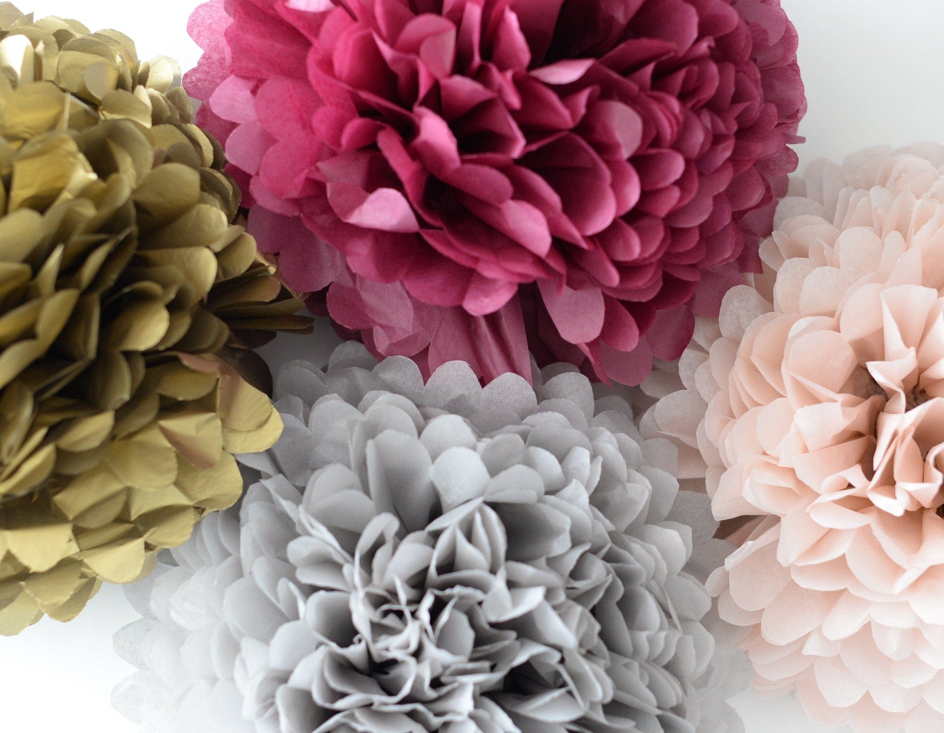 Burgundy, gold, grey and blush paper pom poms party decorations set 8 psc boho rustic paper flowers Hanging wedding, fall baby shower decor