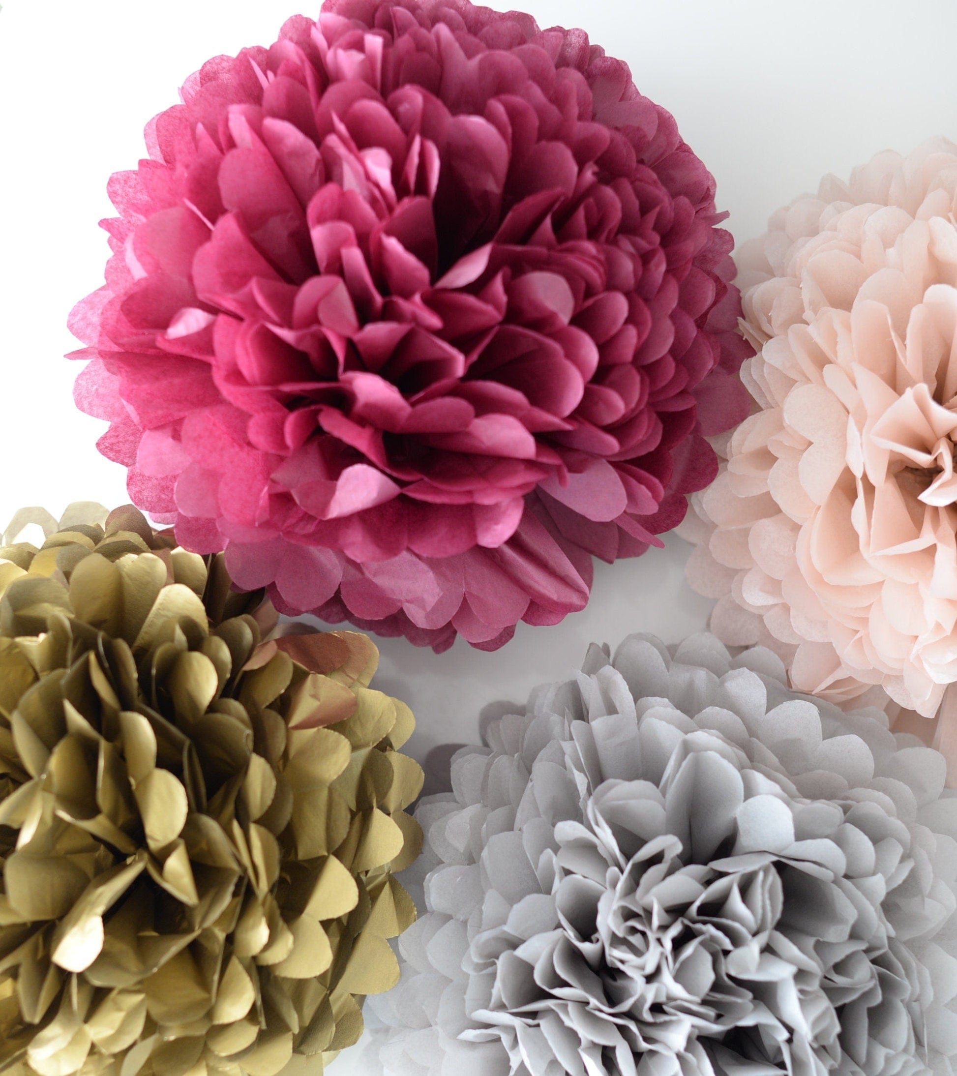 Burgundy, gold, grey and blush paper pom poms party decorations set 8 psc boho rustic paper flowers Hanging wedding, fall baby shower decor