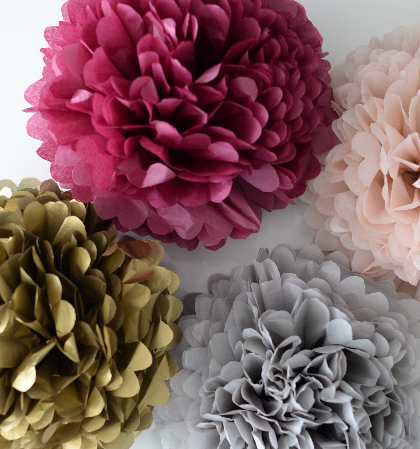 Burgundy, gold, grey and blush paper pom poms party decorations set 8 psc boho rustic paper flowers Hanging wedding, fall baby shower decor