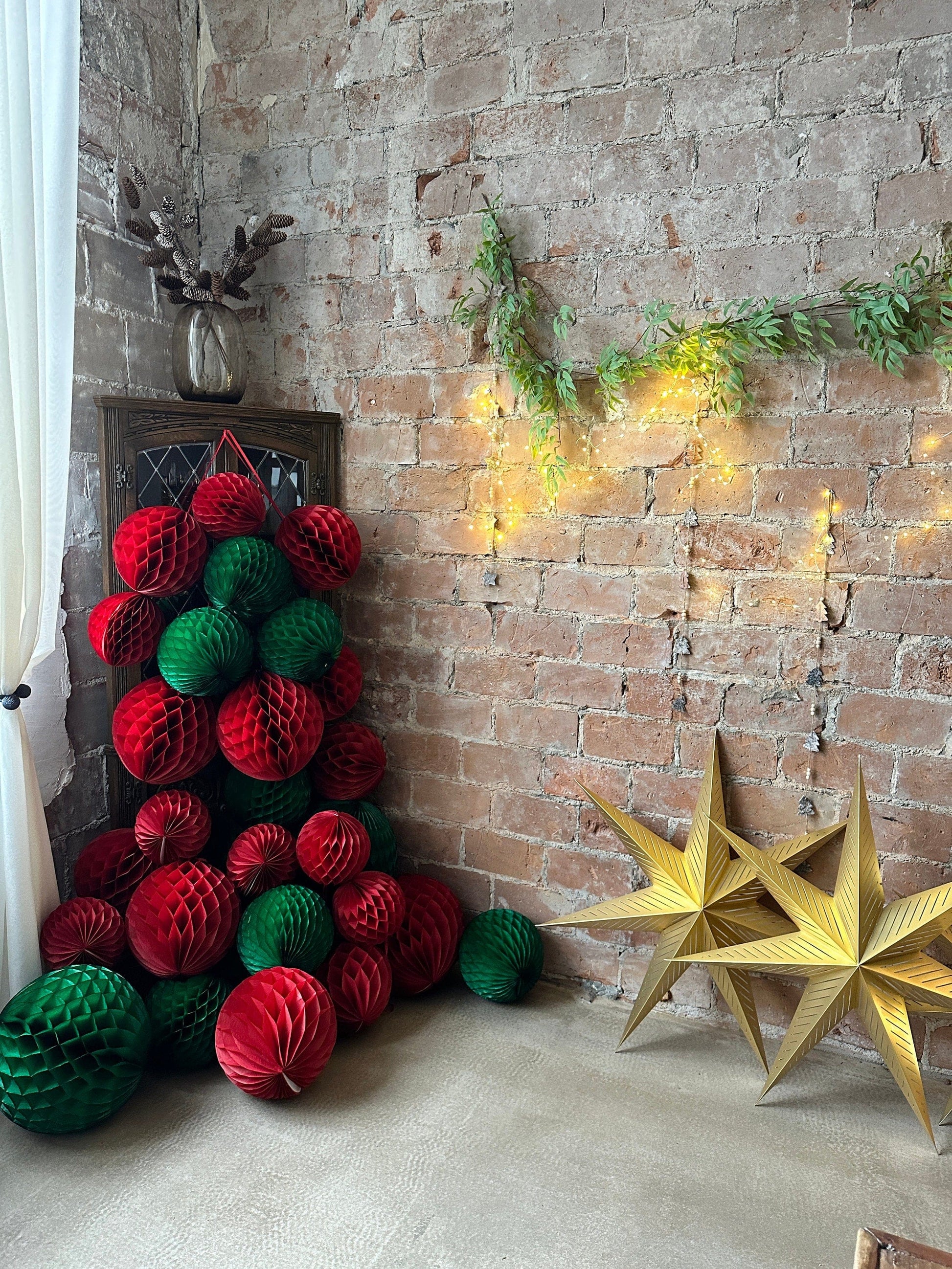 Deep red and holiday green paper honeycomb balls Red and green Christmas pom poms birthday Wedding Party Decoration