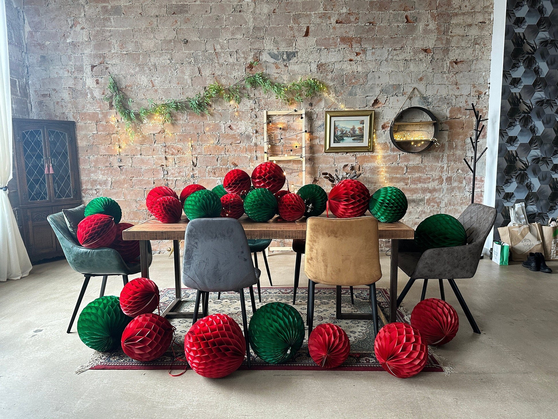 Deep red and holiday green paper honeycomb balls Red and green Christmas pom poms birthday Wedding Party Decoration