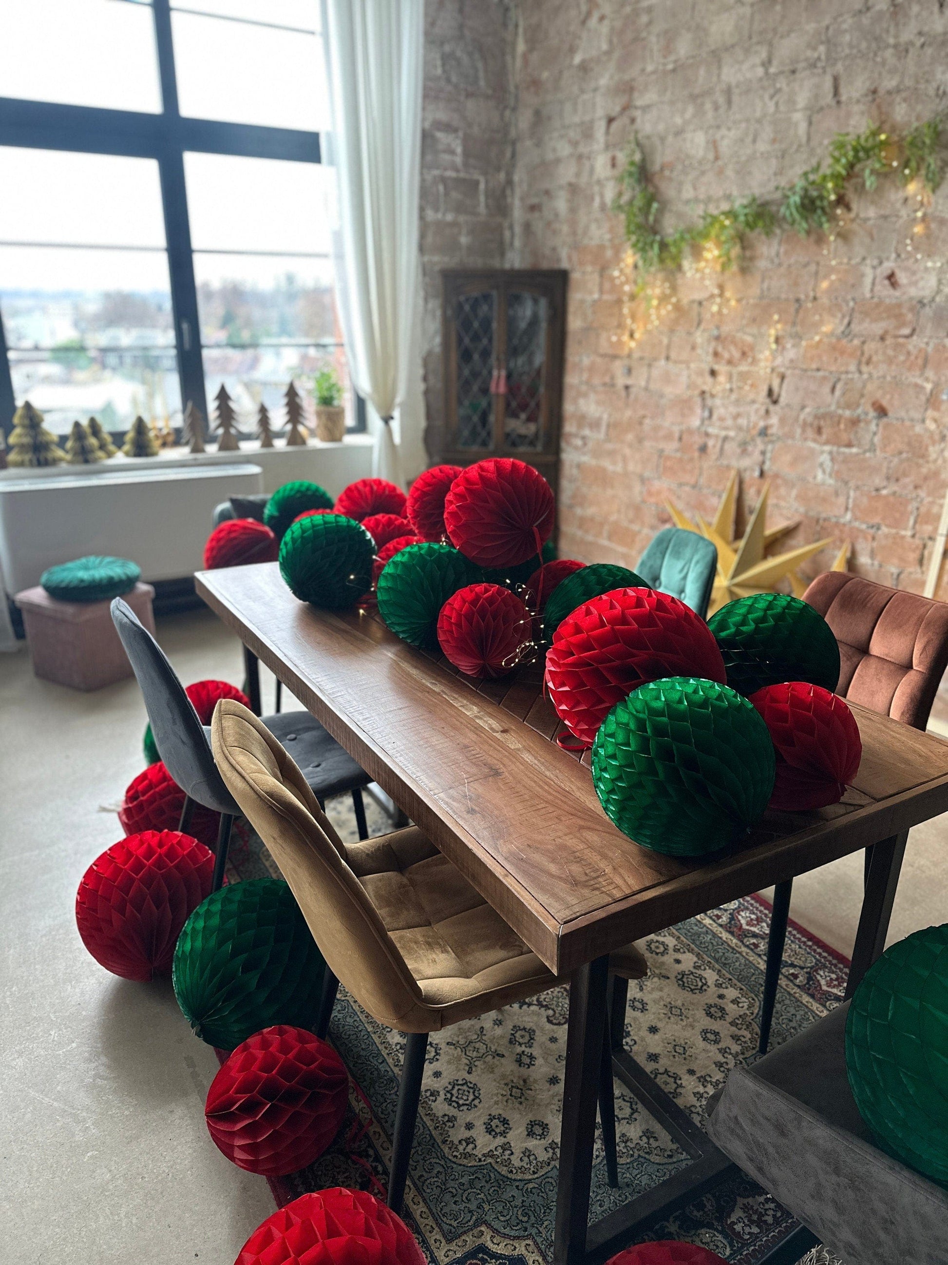Deep red and holiday green paper honeycomb balls Red and green Christmas pom poms birthday Wedding Party Decoration