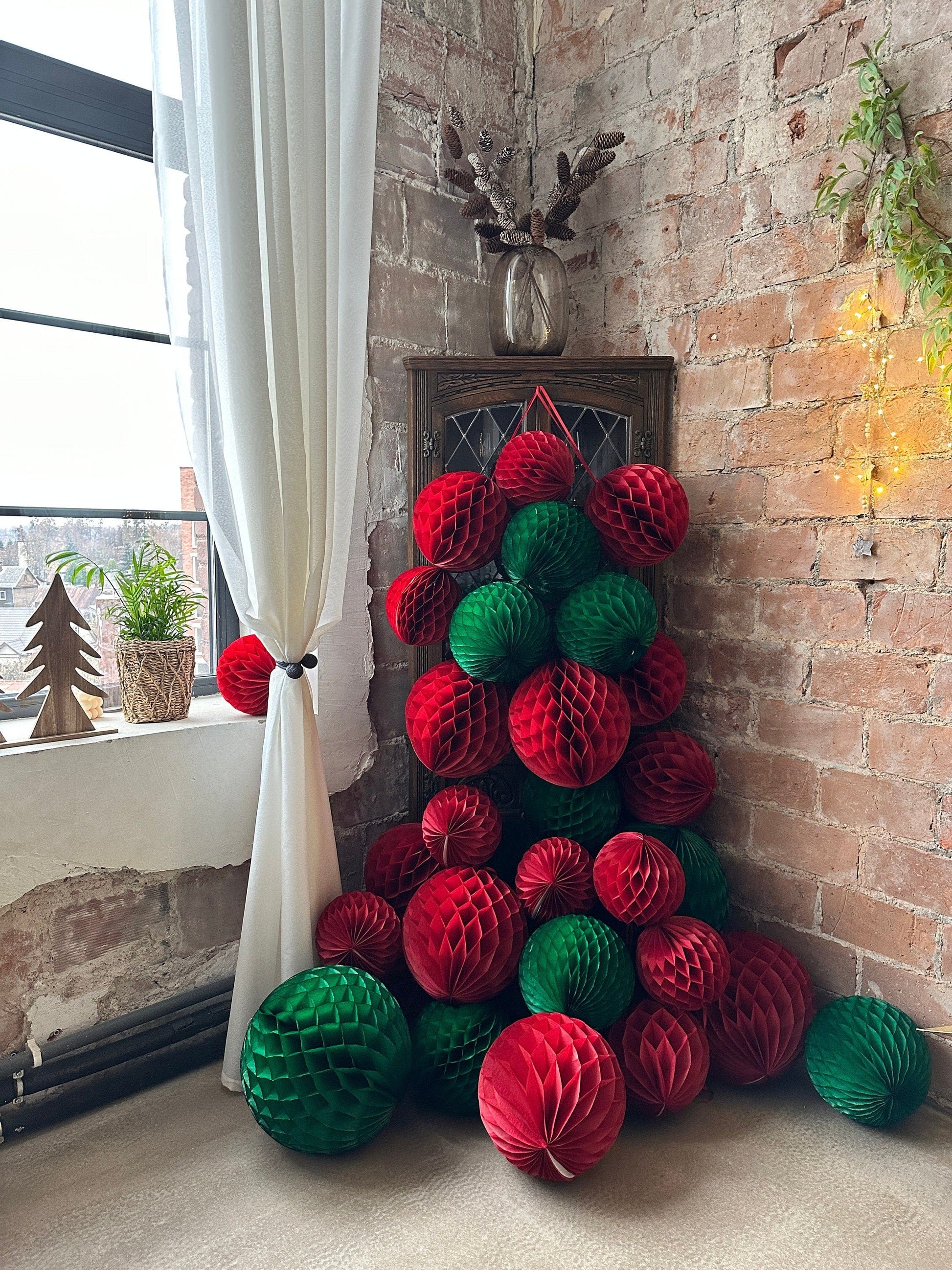 Deep red and holiday green paper honeycomb balls Red and green Christmas pom poms birthday Wedding Party Decoration