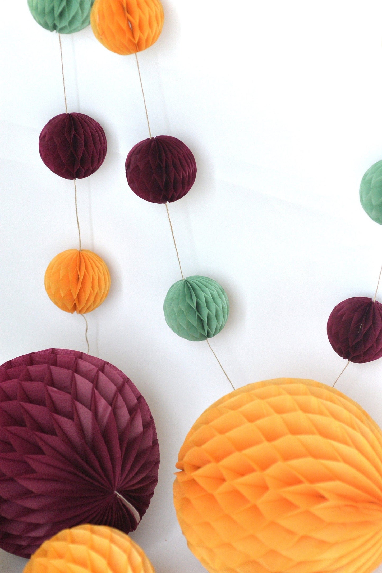 Fall colour paper honeycomb garland - mustard, dusty green, burgundy party banner fall baby shower ideas wedding bridal shower decorations