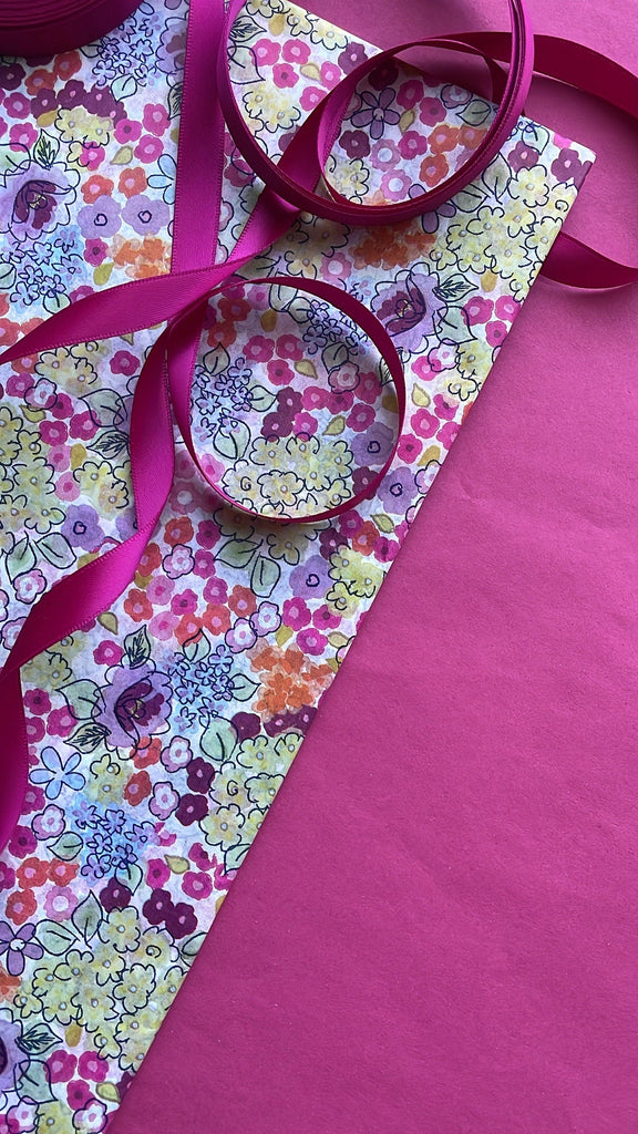 physical Gift wrapping set - liberty flowers, fuchsia pink and ribbon -floral tissue paper Decopompoms