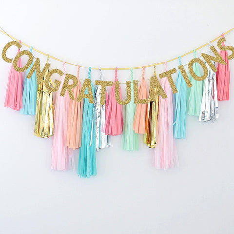 physical Graduation banner Tassel Garland - Colourful Fringe graduation decor Personalised Golden Custom banner Decopompoms