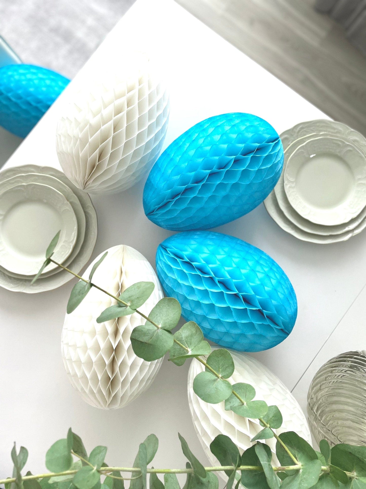 Huge Paper honeycomb Easter egg set 3 psc- white and blue Easter decorations, easter eggs decorations paper spring decor table decorations